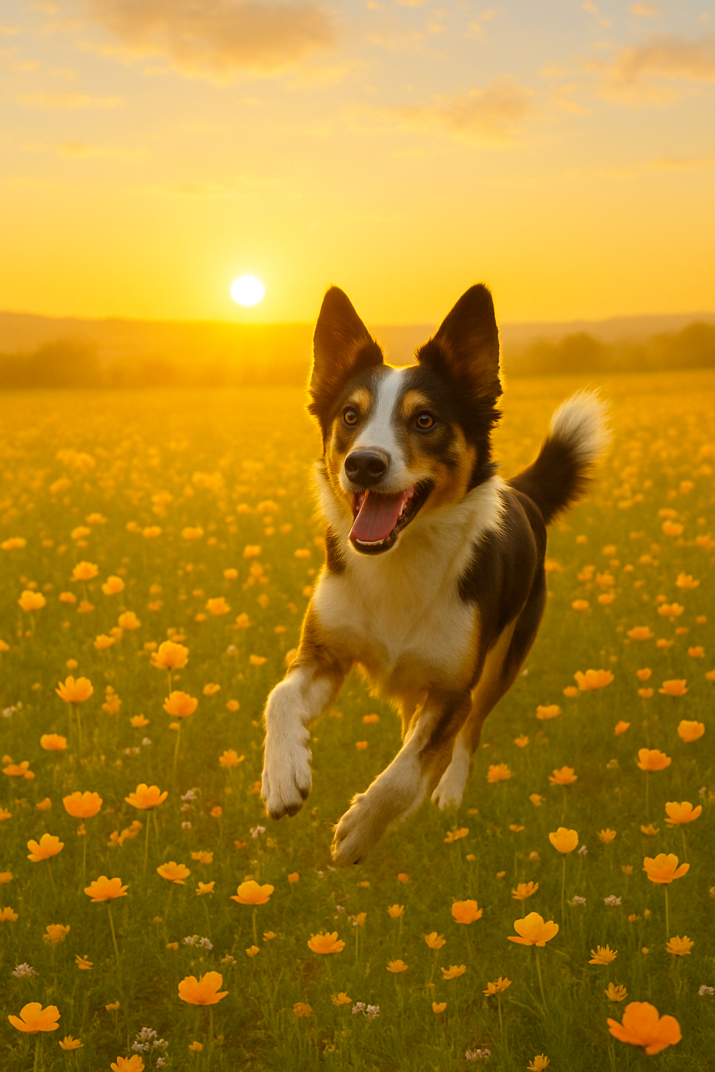 Dog running through a field of flowers at sunset